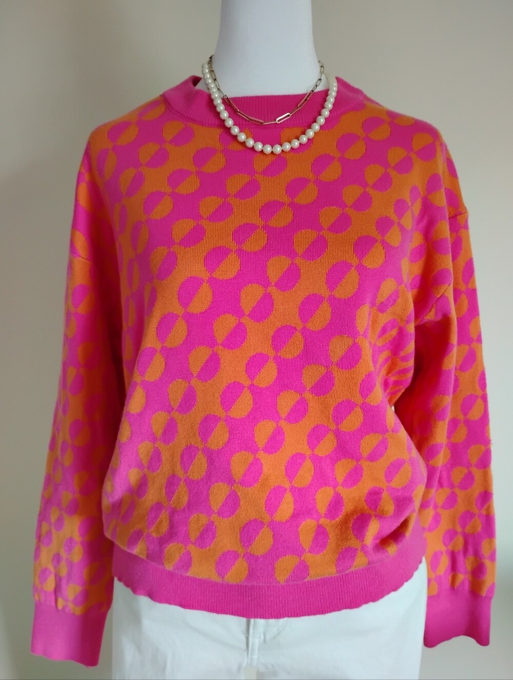 Cherie Collette Graphic Print Pink Orange Crewneck Sweater Dopamine Size Large - Picture 4 of 12